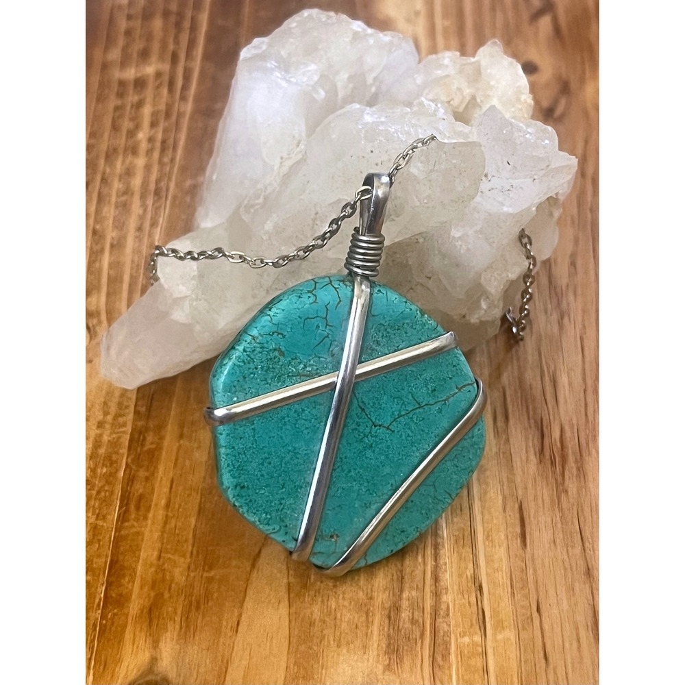 Turquoise Pendant Necklace Silver Wire Wrapped Natural Stone Boho Jewelry -New